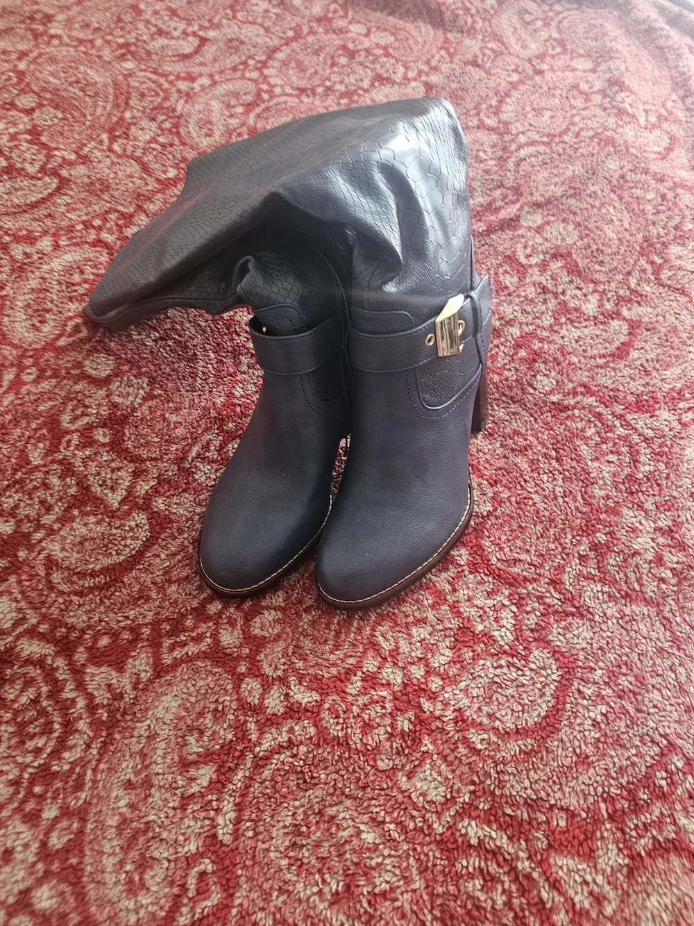 Women's Tall Navy Heeled Boots with Buckle Accent